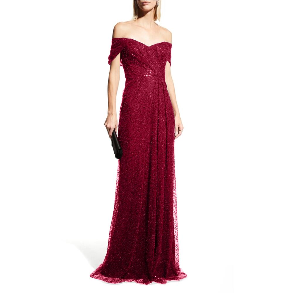 Teri Jon Burgundy Gown Sequin Beaded Tulle Off the Shoulder Dress Sz 2‎ Women's